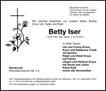 Traueranzeige von Betty Iser von Hersbrucker Zeitung